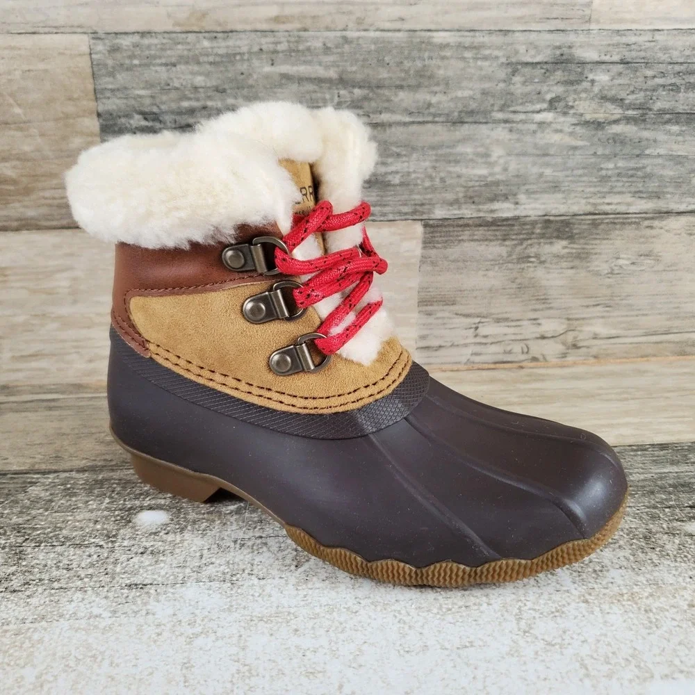Sperry Alpine Saltwater Girls Duck Boots Sz 12 M Tan Cozy Faux-Shearling Lace-Up